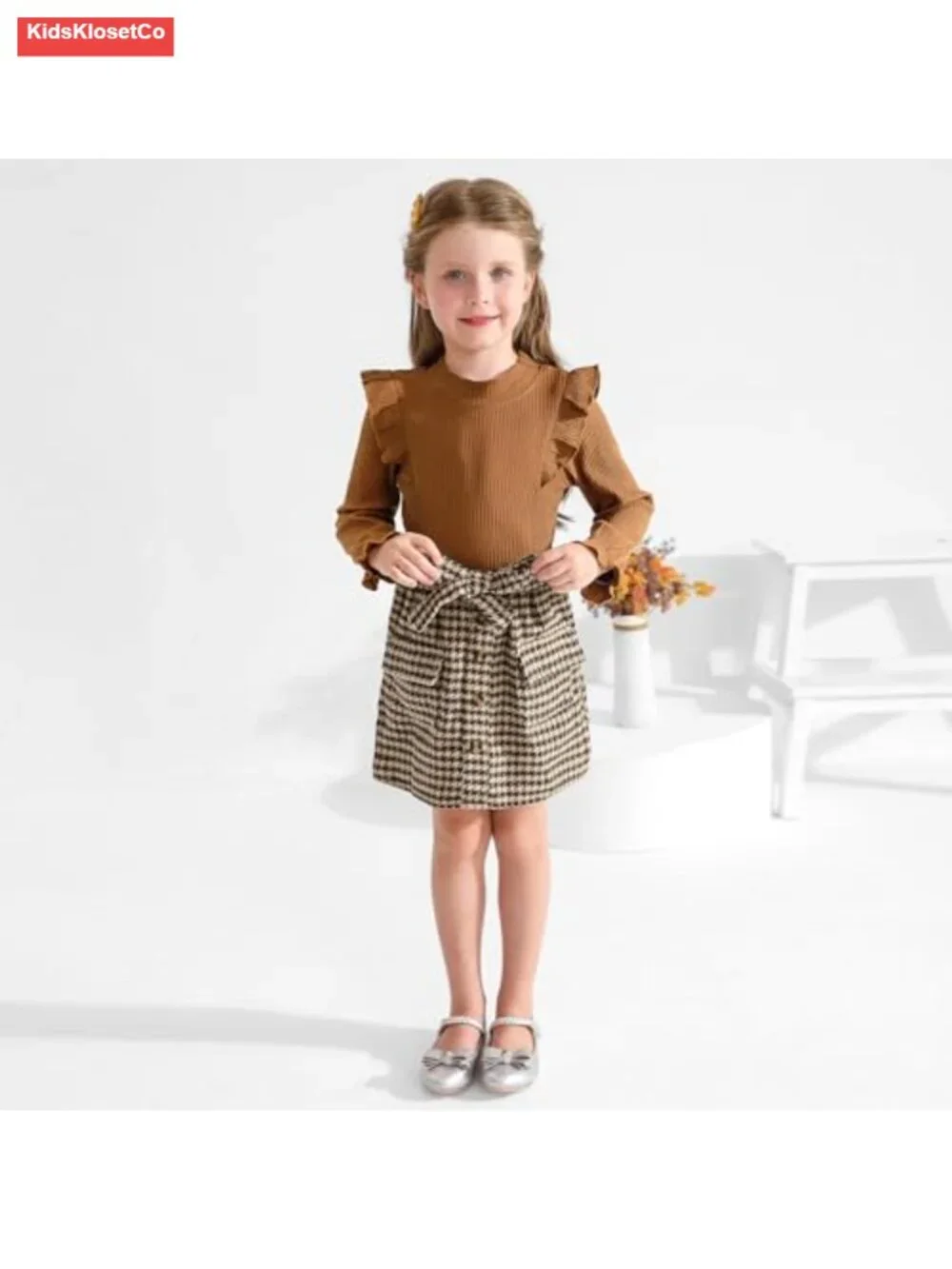 Toddler Girl Fall Winter Long Sleeve Top Plaid Skirt Set 1-5T